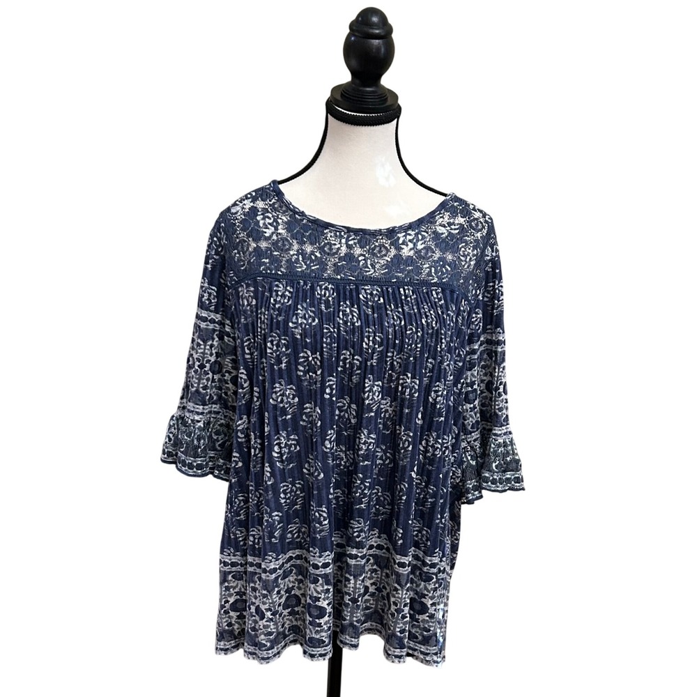 Lucky Brand Women's Blue Floral Print Lace Trimmed Pintuck‎ Blouse Top Large